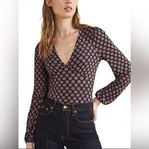 Boden Navy Medium Patterned V-Neck Blouse
